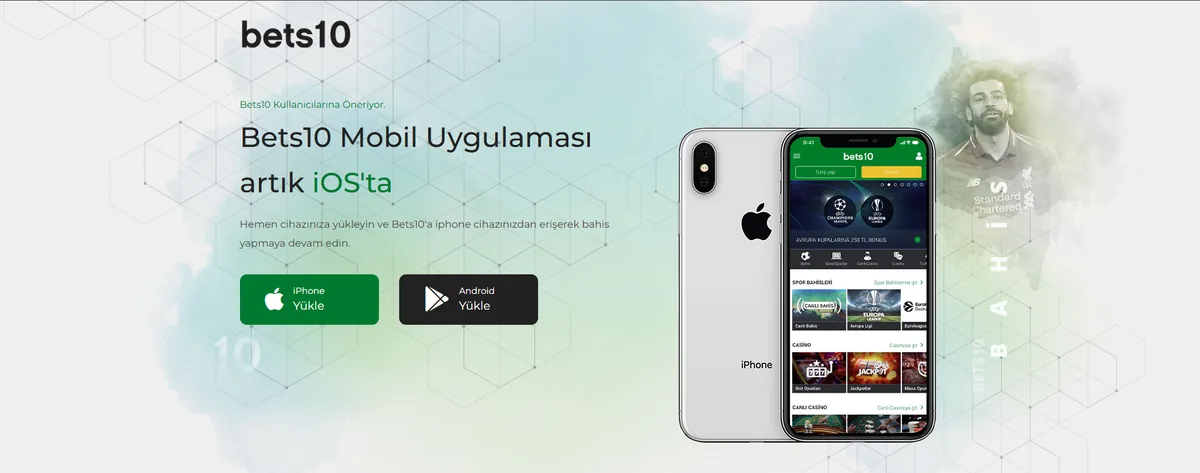 Bets10 mobil uygulaması iPhone ve Android yükleme seçenekleriyle tanıtım görseli